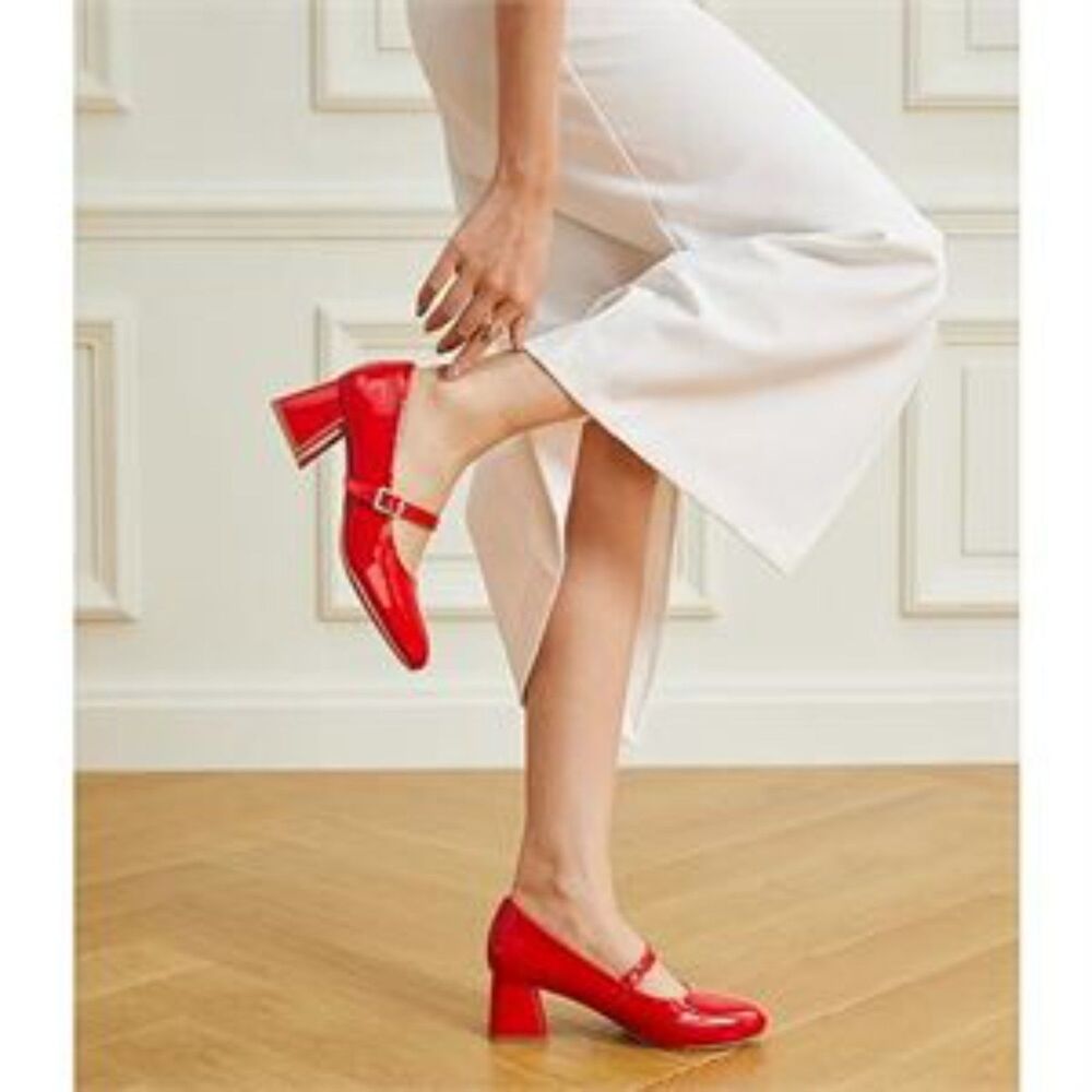 Mary Jane Cherry Red, Vegan Patent leather Chunky Heels Round Toe Pumps Shoes 8